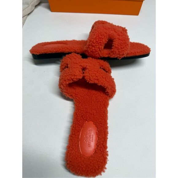NEW HERMES ORAN SHEARLING WOOL ORANGE SANDALS WOMENS 41,5 EU/ 11 US See Notes - Picture 9 of 16